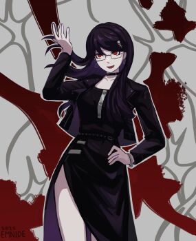 1girl absurdres artist_name black_choker black_dress black_jacket choker collarbone commentary cowboy_shot dated dress earrings emnide english_commentary glasses grin hair_flip hair_ornament hand_on_own_hip hand_up highres jacket jewelry long_hair open_mouth purple_hair red_background red_eyes shizuhara_hiruko side_slit smile solo the_hundred_line_-last_defense_academy- two-tone_background white_background