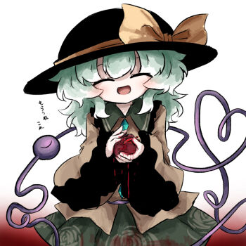 1girl black_hat blood blood_on_clothes blood_on_hands bow buttons closed_eyes diamond_button eyeball fedora floral_print frilled_shirt_collar frilled_sleeves frills green_hair green_skirt hat hat_bow heart heart_(organ) heart_of_string heripantomorrow holding_heart_(organ) komeiji_koishi long_sleeves medium_hair open_mouth shirt simple_background skirt smile solo third_eye touhou translation_request two-tone_background wide_sleeves yellow_bow yellow_shirt