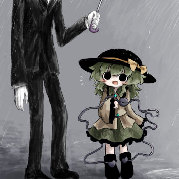 1boy 1girl :d black_eyes bow creepypasta frilled_shirt_collar frilled_skirt frills gasp green_hair grey_background hair_bow head_out_of_frame heripantomorrow holding holding_umbrella komeiji_koishi looking_at_another medium_hair open_mouth rain ribbon skirt slender_man smile third_eye touhou umbrella yellow_ribbon