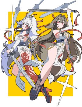 2girls animal_ear_fluff animal_ears arm_up armlet bare_shoulders black_hair black_shoes border bracelet breasts brown_hair brown_tail china_dress chinese_clothes closed_mouth clover clover_hair_ornament commentary_request dress droopy_ears dual_persona floating floating_object floating_sword floating_weapon from_side guest_art hair_ornament hairband highres holding holding_sword holding_weapon jewelry large_breasts leg_tattoo long_hair looking_at_viewer metal_bracelet multicolored_hair multiple_girls multiple_swords pelvic_curtain qingming_sword red_eyes red_hair see-through_horns shoes silver_armlet silver_bracelet sparkle start_furuike sword tail tattoo very_long_hair weapon white_border white_dress white_hair white_hairband white_tail ye_shunguang yellow_background zenless_zone_zero