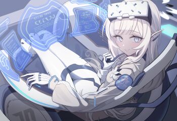 Rule 34 | 1girl, black halo, blue archive, bodysuit, brown jacket, closed mouth, commentary, earclip, elf, fake text, finger to face, from side, full body, gloves, grey eyes, halo, head-mounted display, highres, himari (armed) (blue archive), himari (blue archive), holographic interface, jacket, long hair, looking at viewer, looking to the side, mole, mole under eye, multicolored halo, official alternate costume, pointy ears, powered wheelchair, shirousagi una, sitting, smile, solo, two-tone halo, wheelchair, white bodysuit, white halo