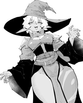 Rule 34 | 1girl, @ @, armor, belt, belt buckle, body markings, breasts, buckle, choppy bangs, cleavage, cleavage cutout, clothing cutout, commentary, commission, cowboy shot, dress, english commentary, facing viewer, fangs, greyscale, groin, hair between eyes, hands up, hat, hatching (texture), highres, leg markings, linear hatching, long sleeves, looking to the side, medium breasts, miregeist, monochrome, no panties, open mouth, original, pelvic curtain, pointy ears, short hair, shoulder armor, simple background, smile, solo, thighs, white background, wide sleeves, witch, witch hat