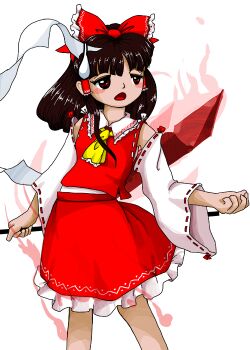 1girl ahegao blush bow brown_hair dress fossilized_wonders gohei hakurei_reimu holding holding_gohei incident_stone japanese_clothes miko official_art red_bow red_dress reddish_brown_hair sweatdrop touhou white_sleeves bad_tag zun_(artist) zun_(style)