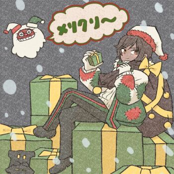 1girl black_pants box brown_hair christmas closed_mouth dark-skinned_female dark_skin e.g.o_(project_moon) full_body gift gift_box gloves green_jacket grey_background hat highres holding holding_sack holiday_(e.g.o) jacket limbus_company looking_at_viewer outis_(project_moon) pants patchwork_clothes project_moon sack santa_hat short_hair simple_background sitting smile snow solo sweater teryaa125 white_gloves white_hat white_sweater yellow_eyes