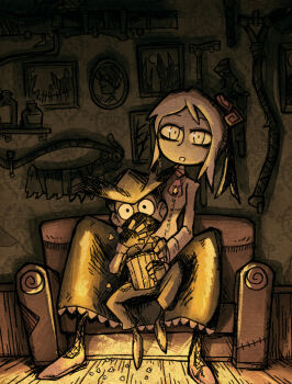 1boy 1girl ascot black_eyes bloodborne boots bottle bucket burial_blade cane chair commentary doll_joints eating english_commentary fingerless_gloves flower food frilled_skirt frills gloves glowing gun hand_on_another&#039;s_shoulder handgun hat highres hunter_(bloodborne) indoors joints long_skirt long_sleeves mask medium_hair mouth_mask on_chair open_mouth picture_frame plain_doll popcorn red_ascot red_shoes rifle saw saw_cleaver scythe setz shelf shirt shoes sidelocks sitting sitting_on_lap sitting_on_person size_difference skirt stitches tall_female tricorne watching_television weapon weapon_on_wall white_hair white_shirt wooden_floor