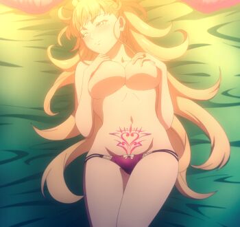 1girl blonde_hair blue_eyes blush breasts covering_breasts covering_privates highres kekkon_yubiwa_monogatari large_breasts long_hair lying navel nipples nonaka_himeno on_back solo stitched third-party_edit