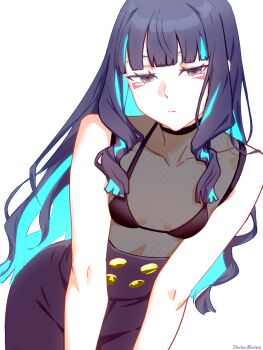 1girl bare_shoulders black_bra black_hair black_shorts blue_hair bra breasts buttons collarbone colored_inner_hair dantonphanton double-breasted eyeliner fate/grand_order fate_(series) grey_eyes highres long_hair looking_at_viewer makeup multicolored_hair see-through_clothes shirt shorts sidelocks sleeveless sleeveless_shirt small_breasts tenochtitlan_(fate) underwear
