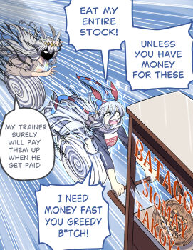 absurdres animal_ears blue_eyes ear_covers english_text fleeing hair_ornament headband highres horse_ears horse_girl indonesian_text lightning long_hair oguri_cap_(casual)_(umamusume) oguri_cap_(umamusume) running sweat tamamo_cross_(umamusume) umamusume vending_cart wheel_o_feet white_hair zeinzai91