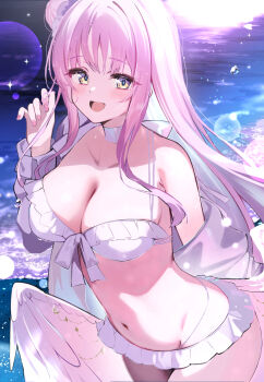 1girl angel_wings bare_shoulders bikini blue_archive blush breasts choker cleavage collarbone feathered_wings felnemo fingernails flower frilled_bikini frills hair_bun hair_flower hair_ornament hair_ribbon highres large_breasts long_hair looking_at_viewer low_wings mika_(blue_archive) mika_(swimsuit)_(blue_archive) nail_polish navel ocean open_mouth pink_hair pink_nails purple_flower ribbon shirt single_side_bun smile solo stomach swimsuit thighs twirling_hair white_bikini white_choker white_ribbon white_shirt white_wings wings yellow_eyes