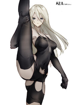 1girl a2_(nier:automata) absurdres android armpits artist_name bare_shoulders breasts character_name covered_navel expressionless floating_hair highres large_breasts leg_up long_hair looking_at_viewer mole mole_under_mouth nier:automata nier_(series) qtian serious simple_background split standing standing_on_one_leg standing_split thick_thighs thighs torn_clothes white_background white_hair