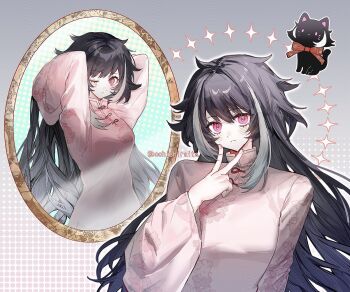 Rule 34 | 1girl, black hair, bochishiraita, cat, china dress, chinese clothes, dress, grey background, highres, jia xichun (project moon), limbus company, long hair, long sleeves, looking at viewer, mirror, multicolored hair, multiple views, official alternate costume, one eye closed, pink dress, pink eyes, project moon, simple background, solo, standing, upper body, v