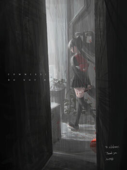 1girl air_conditioner alley artist_name backpack bad_id bad_pixiv_id bag black_hair black_shoes blood blood_on_clothes blood_on_face blood_on_ground blood_on_hands bloody_knife bloody_weapon bow cable commission electricity_meter english_text full_body hair_bow highres holding holding_weapon knife long_hair original over-kneehighs peeking pipeline pixiv_commission plant rain red_bag school_uniform shoes skirt solo sowanai sweater thighhighs trash_can twintails walking water weapon zettai_ryouiki