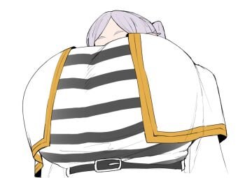 1girl alternate_breast_size_(larger) breasts frieren huge_breasts pointy_ears ricochet-gou shirt simple_background solo sousou_no_frieren striped_clothes striped_shirt upper_body upward_angle_frieren_drawing_(meme)