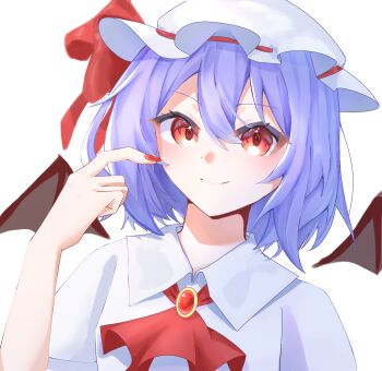 1girl ascot bat_wings closed_mouth collared_shirt frilled_hat frills gem hair_between_eyes hand_up hat hat_ribbon highres mob_cap purple_hair red_ascot red_eyes red_gemstone red_ribbon remilia_scarlet ribbon shirt short_hair simple_background smile solo touhou user_fgwk8543 white_background white_hat white_shirt wings