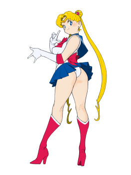 1girl absurdres ass bishoujo_senshi_sailor_moon blonde_hair blue_eyes blue_sailor_collar boots bow choker circlet crescent crescent_earrings double_bun earrings elbow_gloves gloves hair_bun hair_ornament heart heart_choker high_heel_boots high_heels highres jewelry long_hair looking_back panties pantyshot red_bow red_choker sailor_collar sailor_moon sailor_moon_pose sailor_senshi sailor_senshi_uniform skirt smile solo thick_thighs thighs toshinoshin tsuki_ni_kawatte_oshioki_yo tsukino_usagi twintails underwear wedgie white_gloves white_panties