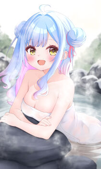 1girl :d ahoge arm_rest bare_arms bare_shoulders blue_hair blurry blurry_background blush breasts cleavage collarbone colored_inner_hair double_bun eyelashes hair_bun indie_virtual_youtuber kiyokura_meru_(vtuber) kudok87 leaning_forward leaning_on_object long_hair long_sidelocks looking_at_viewer medium_breasts multicolored_hair naked_towel onsen open_mouth pink_hair ripples rock sidelocks smile solo steam towel virtual_youtuber water yellow_eyes