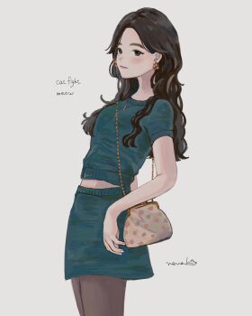 Rule 34 | 1girl, aqua shirt, aqua skirt, arm at side, bag, black eyes, black hair, character request, closed mouth, commentary request, copyright request, cowboy shot, earrings, from side, handbag, highres, jewelry, long hair, necklace, nena labo, shirt, short sleeves, signature, simple background, skirt, solo, standing, wavy hair, white background