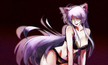 Rule 34 | 1girl, absurdres, animal ears, bakeneko (mythology), black bra, black hanekawa, black panties, bow, bow bra, bow panties, bra, breasts, cat ears, cat girl, cleavage, commentary, fangs, hair between eyes, hanekawa tsubasa, highres, large breasts, lingerie, long hair, looking at viewer, monogatari (series), navel, nekomonogatari, panties, sanketsu (user zxmp2323), solo, underwear, underwear only, very long hair, white hair, yellow eyes