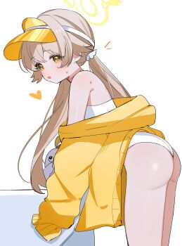 1girl absurdres alternate_costume arm_support ass blonde_hair blue_archive choker halo heart hifumi_(blue_archive) highres jacket jacket_partially_removed leaning_forward loli long_hair low_twintails one-piece_swimsuit open_mouth oversized_jacket peroro_(blue_archive) shusuchii simple_background solo sweatdrop swimsuit twintails visor_cap white_background white_one-piece_swimsuit winged_halo yellow_eyes yellow_halo yellow_jacket yellow_visor