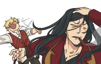 2boys black_hair blonde_hair brown_vest cigar closed_eyes coat commentary fate/strange_fake fate_(series) flat_escardos lee_4830 long_hair lord_el-melloi_ii meme multiple_boys naoya_hitting_choso_without_looking_(meme) open_mouth red_coat short_hair symbol-only_commentary vest waver_velvet