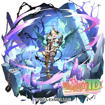 1girl animal_legs bikini black_bikini black_hair blonde_hair blush breasts character_request claw_ring commentary_request copyright_notice detached_wings gradient_hair half-leotard hand_on_own_hip hooves leotard long_pointy_ears looking_at_viewer low_wings mechanical_legs medium_breasts mesugaki monster_girl monster_musume_td multicolored_hair o-ring o-ring_thigh_strap official_art pilokey pointy_ears see-through_clothes see-through_leotard single_mechanical_leg smug solo swimsuit thick_thighs thigh_strap thighs twintails wings