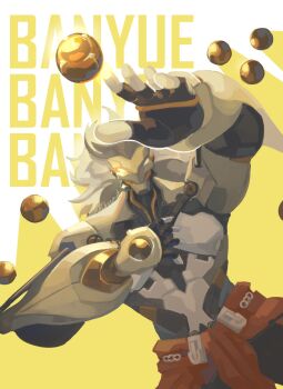 1boy arm_up artificial_eye banyue_(zenless_zone_zero) character_name clothed_robot clothes_around_waist commentary english_commentary floating_ball grey_hair hand_up highres humanoid_robot long_hair mai_beenot male_focus mechanical_eye mechanical_hands metal_skin orb robot robot_boy solo twitter_username two-tone_background upper_body white_background yellow_background zenless_zone_zero