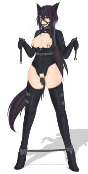 1girl animal_ears ball_gag bdsm black_collar black_hair black_legwear blush bondage bondage_mittens bondage_outfit bound bound_ankles breastless_clothes breasts breasts_out captive_bead_ring clitoris_piercing clitoris_ring collar commentary_request drooling female_focus full_body gag gagged gatling_raid harness high_heels highres hobble leash legs_apart long_hair medium_breasts nipple_piercing nipple_rings nipples original piercing purple_eyes pussy pussy_piercing revealing_clothes saliva saliva_trail shadow sidelocks simple_background slave solo standing straitjacket tail uncensored w_arms white_background