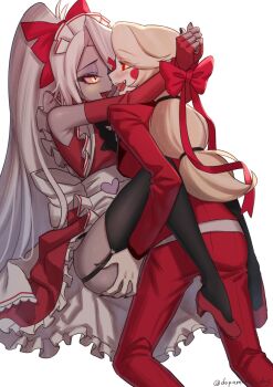 2girls alternate_costume blonde_hair blush_stickers bow charlie_morningstar circle_facial_mark colored_sclera colored_skin commentary_request demon_girl dopaminie_dog dress enmaided formal_clothes garter_straps grabbing_another's_ass grey_hair grey_skin groping hair_bow hazbin_hotel hellaverse highres long_hair maid multiple_girls red_eyes simple_background smile suit teeth vaggie very_long_hair white_hair yuri