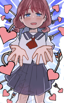 1girl arrow_(projectile) blue_background blue_hair blue_sailor_collar blue_sky blush city_(arawi_keiichi) cloud gradient_background heart izumi_riko_(city) looking_at_viewer nakaya_hinako neckerchief open_mouth outstretched_arms pleated_skirt reaching reaching_towards_viewer red_hair red_neckerchief sailor_collar school_uniform serafuku skirt sky smile solo white_serafuku