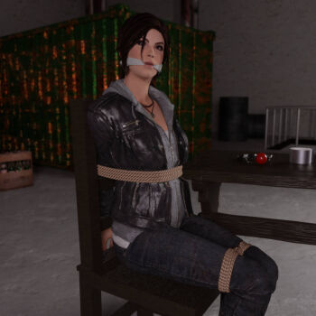 1girl 3d arms_behind_back ball_gag bdsm bondage bound bound_arms bound_legs breasts brown_eyes brown_hair chair cleave_gag cloth_gag gag gagged improvised_gag iorel-renders jewelry lara_croft necklace table tape tied_to_chair tomb_raider tomb_raider_(reboot) variant_set