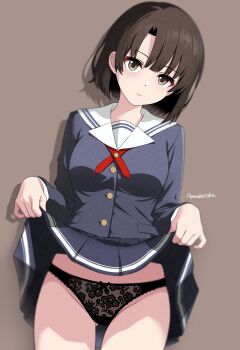 1girl :| absurdres amaderoka artist_name black_panties bow bow_panties breasts brown_hair closed_mouth clothes_lift commentary_request cowboy_shot drop_shadow gluteal_fold groin highres katou_megumi lace lace_panties lifting_own_clothes long_sleeves looking_at_viewer medium_breasts panties pleated_skirt saenai_heroine_no_sodatekata sailor_collar school_uniform serafuku short_hair simple_background skirt skirt_lift solo underwear white_background white_sailor_collar