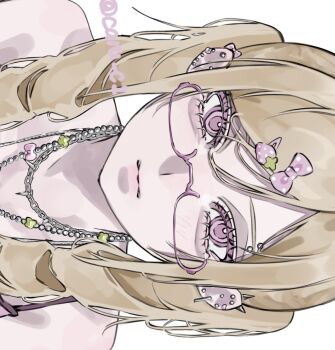 1girl aegyo_sal artist_name bead_necklace beads blonde_hair bow camisole caru_c1 chain chain_necklace closed_mouth commentary ear_piercing eyebrow_piercing face_piercing glasses gyaru hair_between_eyes hair_bow hair_ornament hairclip highres jewelry long_hair looking_at_viewer necklace original piercing pink-framed_eyewear pink_bow portrait semi-rimless_eyewear simple_background solo straight-on symbol-only_commentary twintails white_background