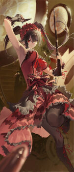 1girl absurdres arm_up black_boots black_hair black_hairband boots breasts brown_pantyhose bullet commentary_request date_a_live dress foot_out_of_frame frilled_dress frilled_hairband frills gun hairband heterochromia highres holding holding_gun holding_weapon knee_boots large_breasts long_hair looking_at_viewer making-of_available momo_(2240807) multicolored_hairband pantyhose red_dress red_eyes red_hairband sleeveless sleeveless_dress smile solo tokisaki_kurumi twintails two-tone_hairband weapon yellow_eyes