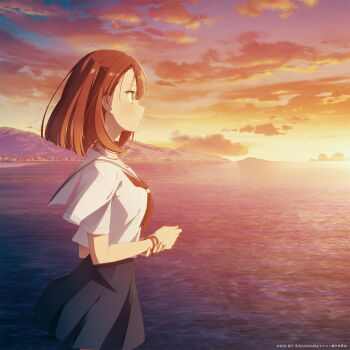 Rule 34 | 1girl, black skirt, bracelet, brown hair, cloud, from side, hair between eyes, highres, holding own hand, jewelry, looking to the side, medium hair, mountain, neckerchief, ocean, official art, outdoors, own hands together, parted lips, pleated skirt, profile, red neckerchief, school uniform, serafuku, serious, shirt, short hair, short sleeves, side ponytail, skirt, sky, solo, sunset, watashi wo tabetai hitodenashi, water, white shirt, yashiro miko, yellow eyes