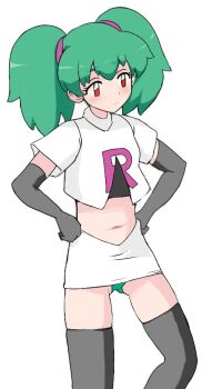 1girl black_gloves black_thighhighs brown_eyes closed_mouth cosplay crop_top cropped_jacket duplica_(pokemon) elbow_gloves gloves green_hair green_panties haloh jacket jessie_(pokemon) jessie_(pokemon)_(cosplay) long_hair midriff navel nintendo panties pokemon pokemon_(anime) pokemon_(classic_anime) simple_background skirt solo team_rocket team_rocket_uniform thighhighs twintails underwear white_background white_jacket
