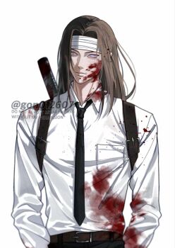 1boy bandaged_head bandages black_necktie black_pants blood blood_on_clothes blood_on_face brown_hair closed_mouth collared_shirt gon012607 grey_eyes highres hyuuga_neji long_hair male_focus naruto_(series) naruto_shippuuden necktie no_pupils pants parted_bangs shirt solo sword sword_on_back upper_body weapon weapon_on_back white_background white_shirt