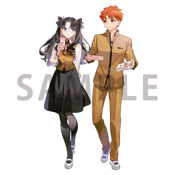 1boy 1girl :o bento black_bow black_hair black_pantyhose black_skirt blue_eyes bow brown_jacket brown_pants collared_shirt curtained_hair drink_carton drinking_straw emiya-san_chi_no_kyou_no_gohan emiya_shirou fate/stay_night fate_(series) full_body grin hair_bow holding holding_bento holding_carton holding_milk_carton homurabara_academy_school_uniform jacket long_hair long_sleeves looking_at_another milk_carton official_art open_mouth orange_eyes orange_hair pants pantyhose red_bow sample_watermark school_uniform shirt short_hair simple_background skirt smile standing strawberry_milk taa_(acid) tohsaka_rin two_side_up undershirt walking watermark white_background white_footwear white_shirt wing_collar