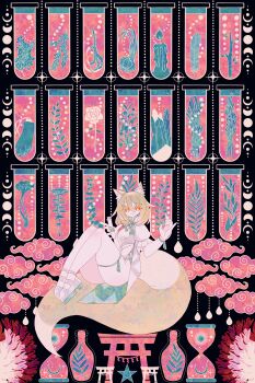 1girl absurdres alternate_costume animal_ears bare_legs blonde_hair boku_(isizakitakasi) bottle candle cloud dress feathers flower fox_ears fox_girl fox_tail hair_between_eyes highres holding holding_test_tube hourglass knees_up kudamaki_tsukasa leaf looking_at_viewer medium_hair moon_phases mushroom orange_eyes pentagram puffy_short_sleeves puffy_sleeves shoes short_sleeves side_slit solo stick surreal tail test_tube torii touhou white_dress white_flower white_shoes wide_shot