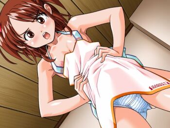 1990s_(style) 1girl apron bare_shoulders blush boku_no_himitsu_taiken breasts ceiling collarbone cowboy_shot from_below game_cg hair_ribbon hands_on_own_hips indoors loli looking_at_viewer looking_down mame naked_apron nipple_slip nipples open_mouth panties pants red_eyes red_hair red_ribbon retro_artstyle ribbon saeki_yuki_(boku_no_himitsu_taiken) short_hair sidelocks small_breasts solo standing striped_clothes striped_pants teeth twintails underwear upper_teeth_only v-shaped_eyebrows white_panties