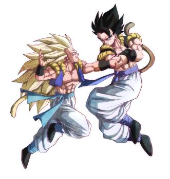 2boys absurdres aged_up beatlo_(rodrigo38658978) black_eyes black_hair black_vest blonde_hair brown_tail clenched_hand cropped_vest crossed_arms dragon_ball dragon_ball_super dragon_ball_super_broly dragonball_z father_and_son full_body gogeta gotenks highres long_hair medium_hair metamoran_vest monkey_tail multiple_boys muscular muscular_male no_eyebrows no_shirt open_clothes open_vest pants punching simple_background smirk spiked_hair super_saiyan super_saiyan_3 tail vest white_background white_pants yellow_tail