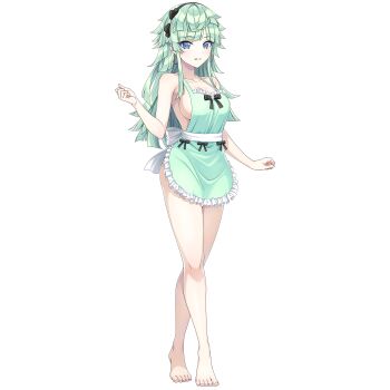 Rule 34 | 1girl, apron, arm at side, arm up, barefoot, black hairband, blue eyes, breasts, clenched hands, dolphin wave, earrings, frilled apron, frills, game cg, green apron, green hair, hairband, highres, hoop earrings, jewelry, kishimen hair, long hair, looking at viewer, medium breasts, naked apron, non-web source, official alternate costume, official art, ootomo takuji, parted lips, selena lewis, sideboob, smile, solo, transparent background