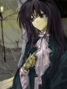 1other androgynous ascot black_gloves blue_coat clause_(len'en) closed_mouth coat commentary_request day expressionless floral_print frilled_sleeves frills gloves grey_umbrella hand_on_own_chest highres holding holding_umbrella lace lace_gloves len'en light_frown long_hair long_sleeves looking_to_the_side other_focus outdoors parted_bangs path power_lines purple_eyes purple_hair rain road rose_print see-through_clothes see-through_gloves sidelocks solo storm umbrella umbrella_over_shoulder upper_body white_ascot wide_sleeves yancao_(pixiv_103434280)