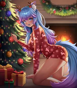 1girl absurdres animal_ear_fluff animal_ears antlers biyo_yoo blue_eyes blue_hair bow box breasts candy candy_cane christmas_lights christmas_stocking christmas_sweater christmas_tree commentary english_commentary fireplace food gift gift_box gradient_hair gradient_tail green_bow hairband highres horns indie_virtual_youtuber kneeling long_hair looking_at_viewer mecha_mara multicolored_hair open_mouth purple_hair red_bow red_sweater reindeer_antlers second-party_source solo sweater tail teeth upper_teeth_only virtual_youtuber white_hairband
