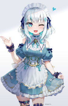 1girl :d apron arm_up ars_almal ars_almal_(7th_costume) black_thighhighs blue_dress blue_eyes blush bow breasts classic_lolita collar colored_inner_hair cowboy_shot detached_sleeves dress frilled_apron frilled_collar frilled_cuffs frilled_dress frilled_hairband frills hair_ornament hairband heart highres large_breasts legwear_garter lolita_fashion looking_at_viewer maid maid_apron maid_headdress multicolored_hair nijisanji one_eye_closed open_mouth puffy_detached_sleeves puffy_short_sleeves puffy_sleeves ribbon short_hair short_sleeves sleeveless smile solo streaked_hair striped_clothes striped_dress striped_sleeves tatami_kami thighhighs vertical-striped_clothes vertical-striped_dress vertical-striped_sleeves virtual_youtuber waist_apron white_apron white_background white_hair