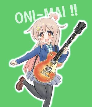 ! !! 1girl ahoge alternate_costume black_pantyhose blue_skirt blush dot_nose electric_guitar english_text food genderswap genderswap_(mtf) gibson_les_paul green_background guitar hair_between_eyes hair_ornament hairclip highres hirasawa_yui holding holding_food holding_guitar holding_ice_cream holding_instrument ice_cream instrument jacket k-on! katamigase_mai looking_at_viewer onii-chan_wa_oshimai! open_mouth oyama_mahiro pantyhose plectrum ribbon sakuragaoka_high_school_uniform shirt shoes simple_background skirt solo standing standing_on_one_leg white_shirt