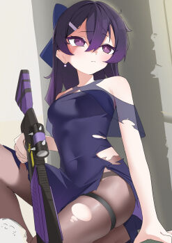 1boy 1girl absurdres bare_shoulders blue_archive bow covered_navel doodle_sensei_(blue_archive) dress fabarm_fp6/sdass gun hair_bow halo haruka_(blue_archive) haruka_(dress)_(blue_archive) highres holding holding_gun holding_weapon long_hair official_alternate_costume pantyhose pinkucatjs pump_action purple_dress purple_eyes purple_halo sensei_(blue_archive) shotgun solo_focus thigh_strap torn_clothes torn_dress torn_pantyhose weapon