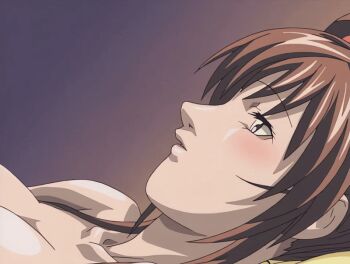 00s 1boy 1girl 2003 animated animated_gif bedroom bible_black bible_black_night_of_the_walpulgiss blush breasts brown_hair closed_eyes face-to-face french_kiss green_eyes hair_ornament imari_kurumi kiss large_breasts long_hair lying_on_person minase_taki nude ponytail side_ponytail smile tagme