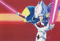 Rule 34 | 1980s (style), 1985, 1boy, blue hair, cape, character request, dated, dual wielding, energy sword, gloves, holding, juusenki l-gaim, kitazume hiroyuki, long hair, looking at viewer, official art, oldschool, promotional art, retro artstyle, scan, science fiction, sword, traditional media, uniform, weapon