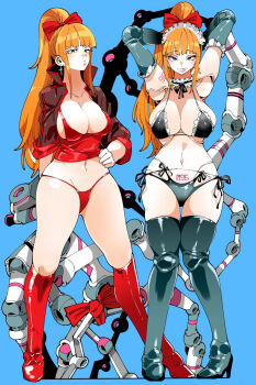 2girls armpits arms_behind_head arms_up bikini blue_background blush boots breasts cross cross_earrings cyborg detached_sleeves earrings extra_arms full_body green_eyes hand_on_own_hip high_heels huge_breasts jacket jewelry joints kafun large_breasts latex lips maid maid_headdress mechanical_arms micro_bikini multiple_girls navel number_tattoo orange_hair original panties ponytail pubic_tattoo serious shoulder_tattoo siblings sisters smile swimsuit tattoo thong twins underwear