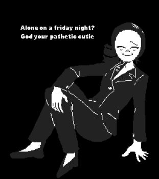 1girl alone_on_a_friday_night?_(meme) black_hair blush breasts closed_eyes closed_mouth curly_hair drill_hair drill_ponytail female female_focus formal_clothes greyscale imscared jacket meme monochrome restorer_(imscared) skinny slip-on_shoes small_breasts smile suit suit_jacket text_background tobby